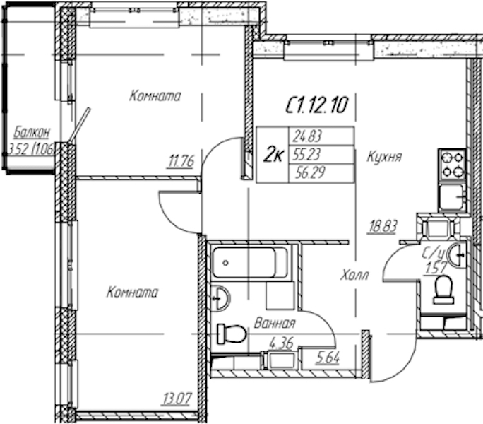 2-комнатная квартира 56.29 м², 12/22 эт., ЖК «Парк-квартал Юнтолово»